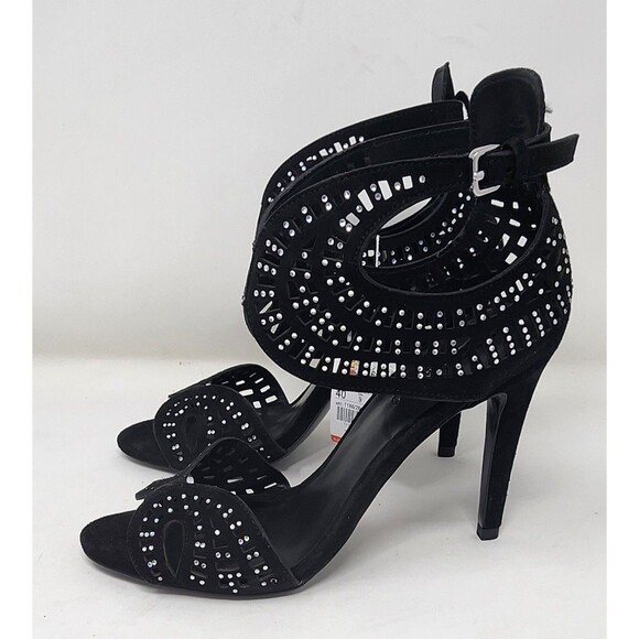 Zara Womens Black Leather Strappy 4" Heels Size 9 Open Toe Sandal Rhinestones - Picture 4 of 15